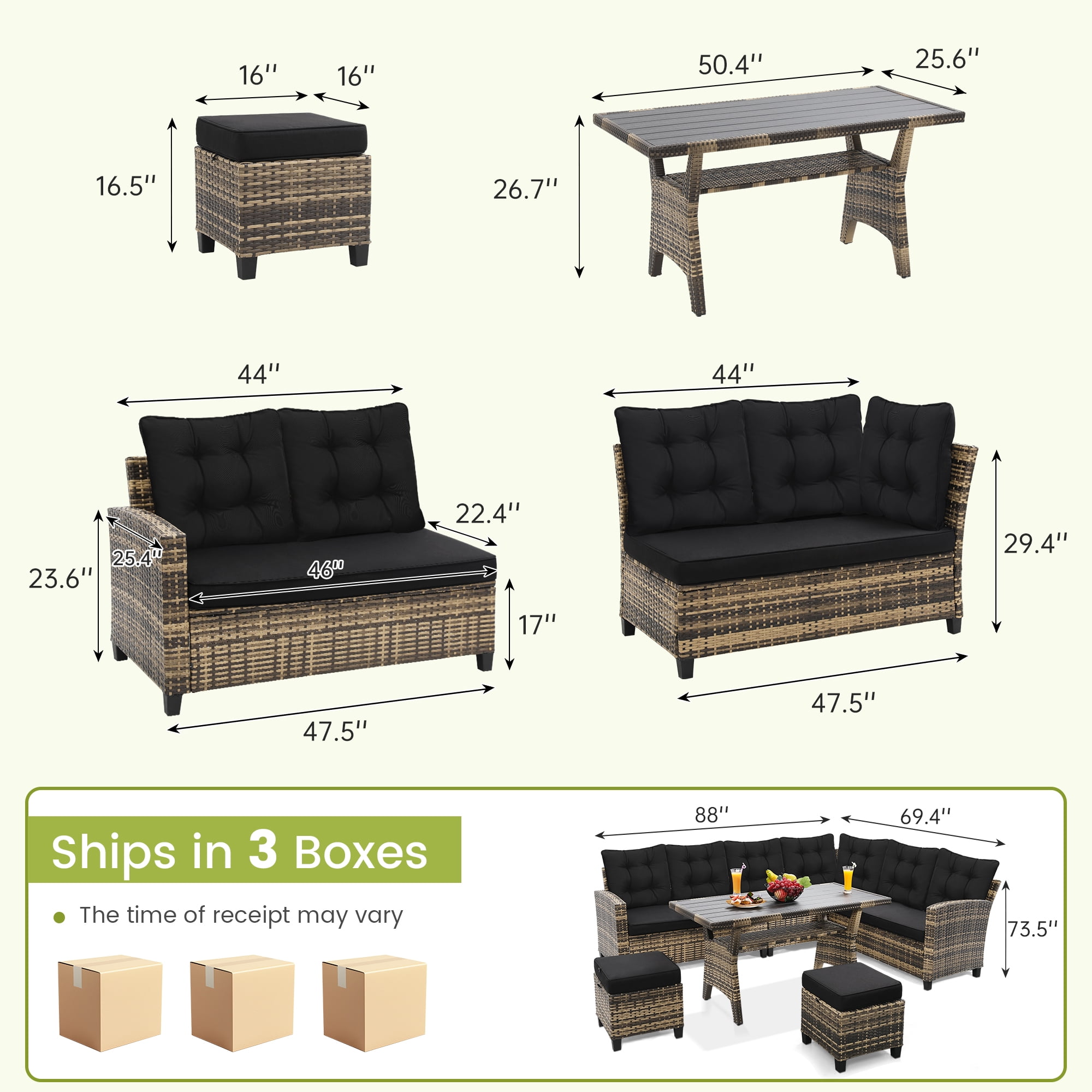 Melocadol 6 Piece Patio Sectional Set, Outdoor Conversation Furniture Set with 2 Sofas, 2 Ottoman, Table, Perfect for Patio, Deck or Poolside, Natural Wicker and Black Cushions