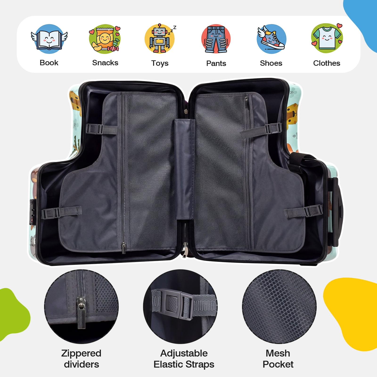 Advwin Kids Ride-On Luggage with Safety Belt, TSA Lock & Footrest, Hardside Spinner Travel Suitcase for Children, Green Wildlife Theme