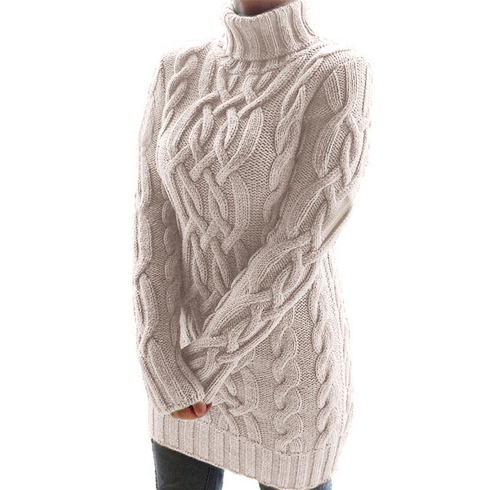 Sweater for Women Cable Knitted Long Sleeve Turtleneck Knitted Mini Dress Casual Slim Cozy Sweaters