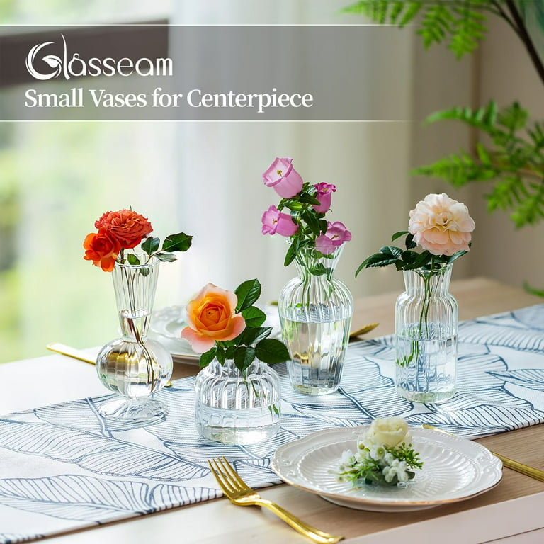 Glasseam Small Bud Vase in Bulk Clear Glass Optical Ribbed Vases for Table  Centerpiece Set of 8