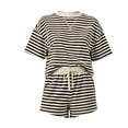thumbnail image 4 of KIHOUT Women's Striped 2 Piece Outfit Short Sleeve Crew Neck Top and Drawstring Waist Shorts Set Casual Summer Tracksuit Loose Fit Stretchy Pajama Sets for Women Daily Wear Vacation, 4 of 5