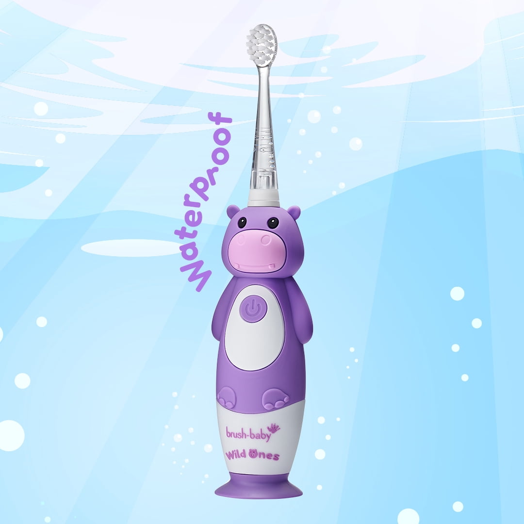 Brush-Baby WildOnes™ Rechargeable Kids Electric Toothbrush – Hippo | Flashing Lights, 2-Min Timer, Waterproof, 3 Brush Heads | Toddler & Child Toothbrush Ages 0-10 | Soft Bristles