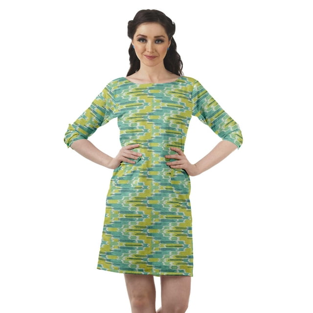 Moomaya Robes Tuniques Imprimées Femmes Fente Arrière Robe à Manches 3/4 avec Poches