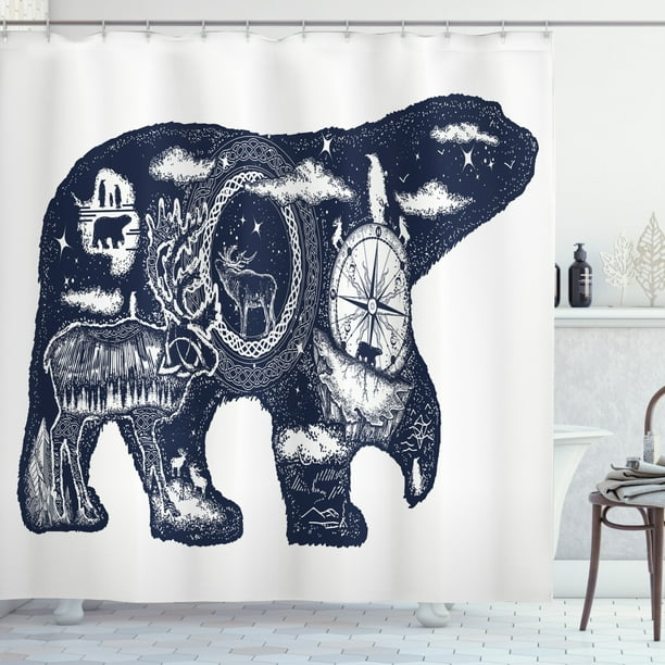 Polar Bear Shower Curtain, Boho Tattoo Art Style Animal Silhouette with