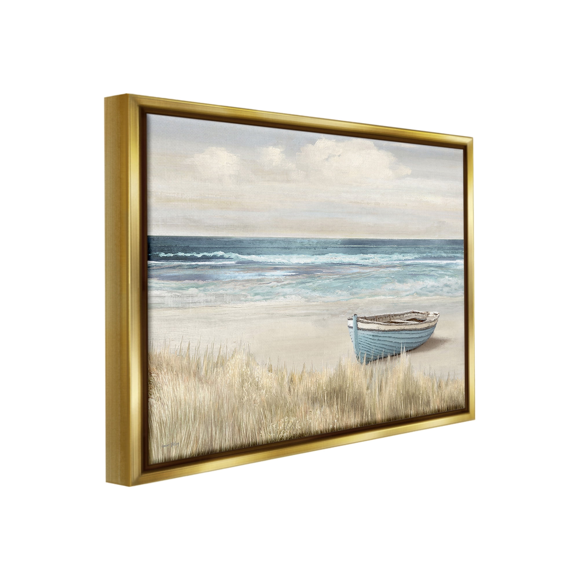 Stupell Industries Boat on Grassy Shore Landscape Painting Gold Floater Framed Canvas Art Print Wall Art, 21 x 17