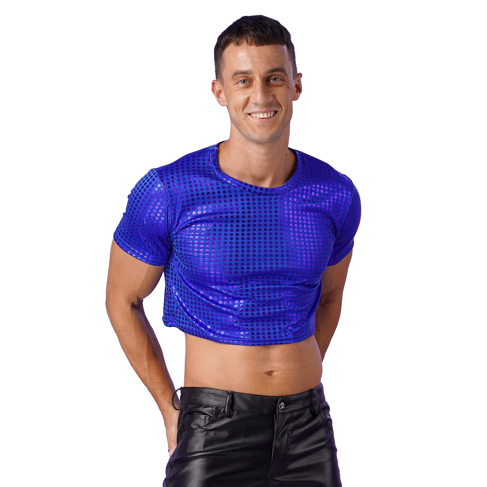 Alvivi Men's Shiny Sequins Half Top Short Sleeve Slim Fit Crop Top