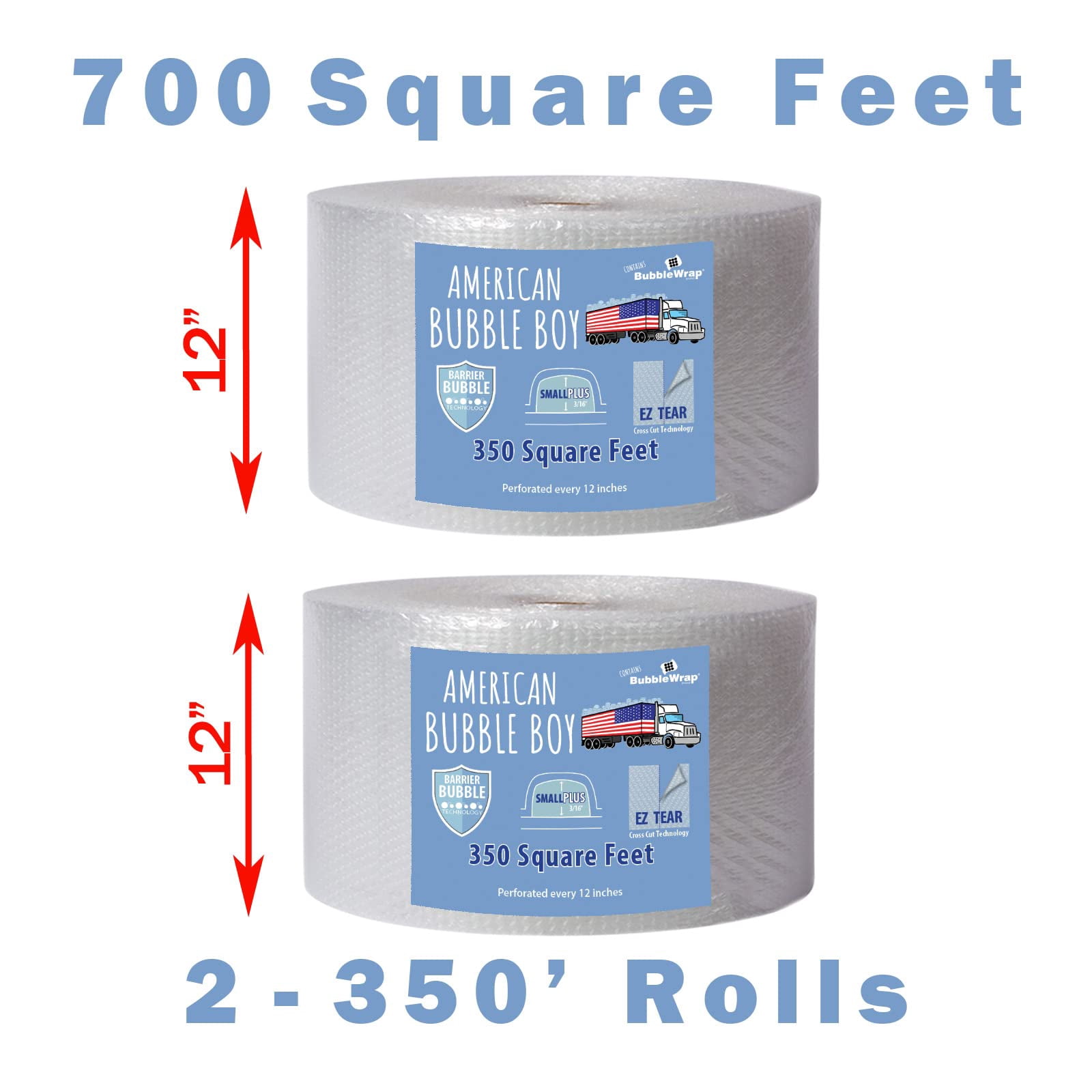 Small Plus Bubble Roll, 700 Sq Ft Protective Wrap, 12 Inches Wide, Pre-Perforated Every 12 Inches, Original Grade, Clear