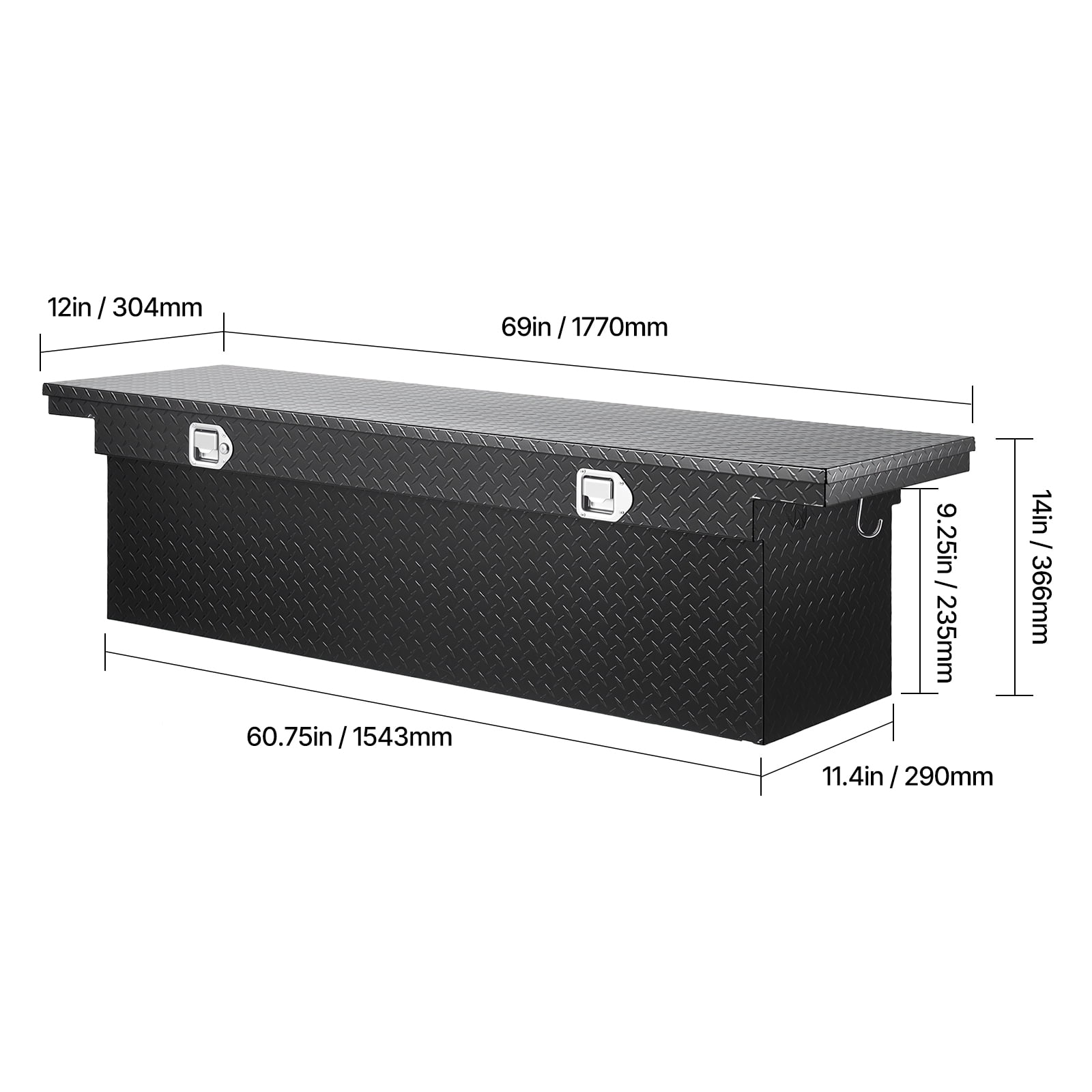 VEVOR Crossover Truck Tool Box, 69x12x14 In, Heavy Duty Aluminum Toolbox with Diamond Texture, Pick Up Truck Bed RV Trailer Toolbox, Waterproof Storage Organizer with Lock, Keys, Side Handles, Black