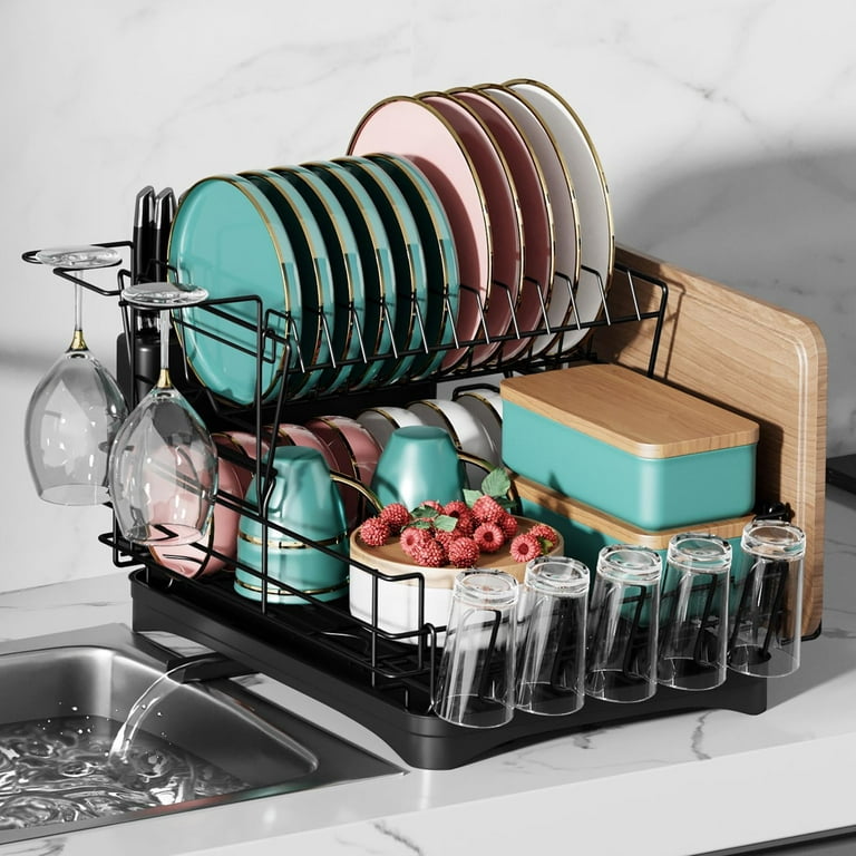Riousery Large Dish Drying Rack and Dish Drainer 2 Tier Multifunctional Dish  Rack for Kitchen Counter, Drying Rack for Dishes with Drainboard Set, Wine  Glass Holder, Utensils Holder, Detachable, Black 
