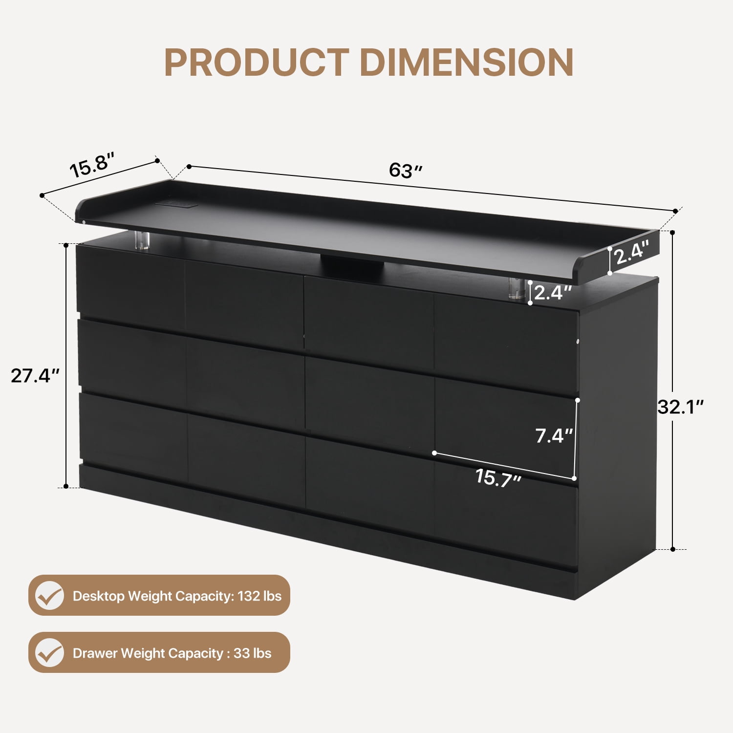 BaPiPro 63-Inch Black 12 Drawer Dresser, Modern High Gloss Chest with LED Light & Glass Tabletop, Large Capacity Storage Cabinet for Bedroom or Living Room