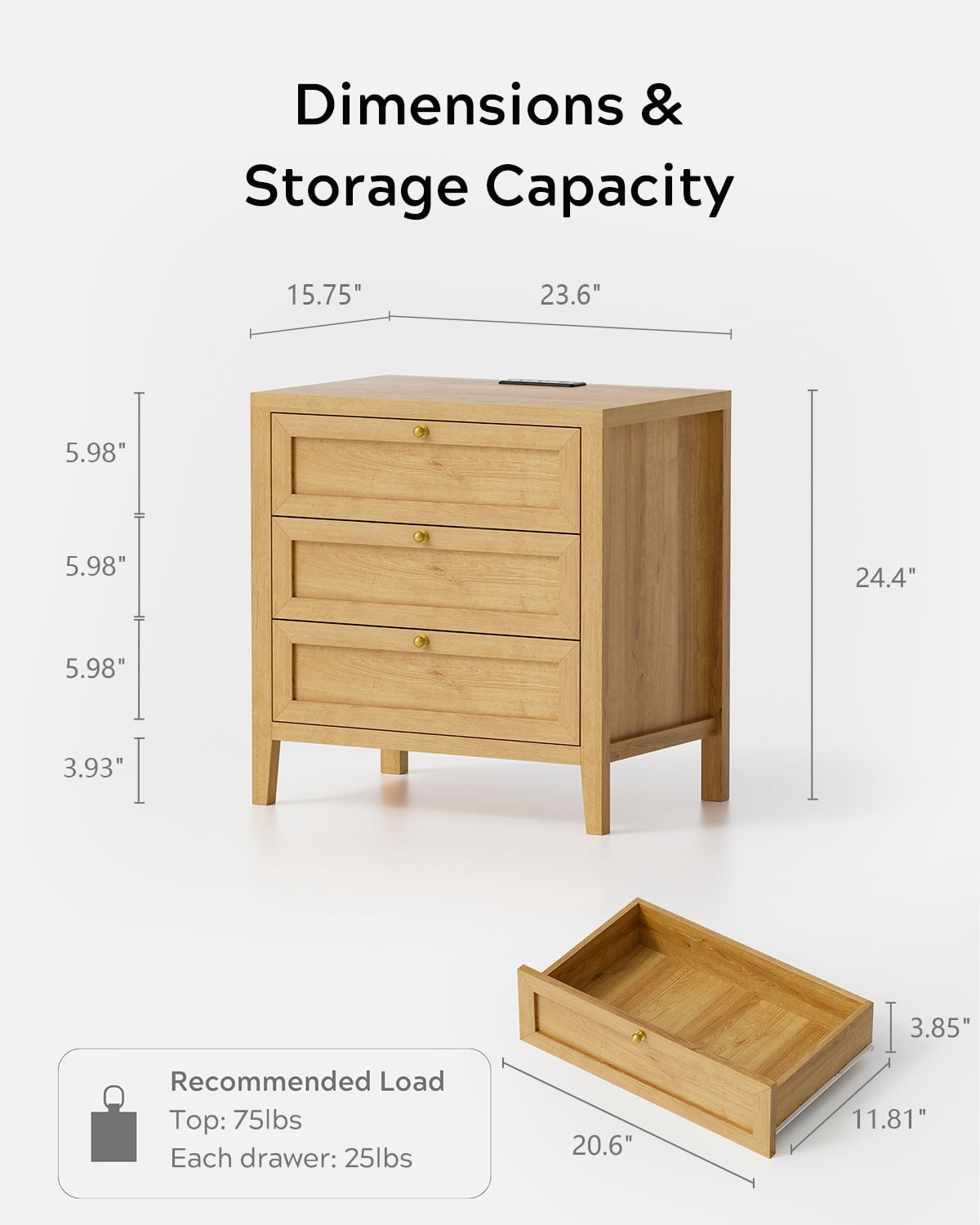 EYYTHUNG Large Nightstand Set of 2 with 3 Drawers, Farmhouse Bedside End Table with Charging Station, Modern Wood Night Stand, Natural Oak
