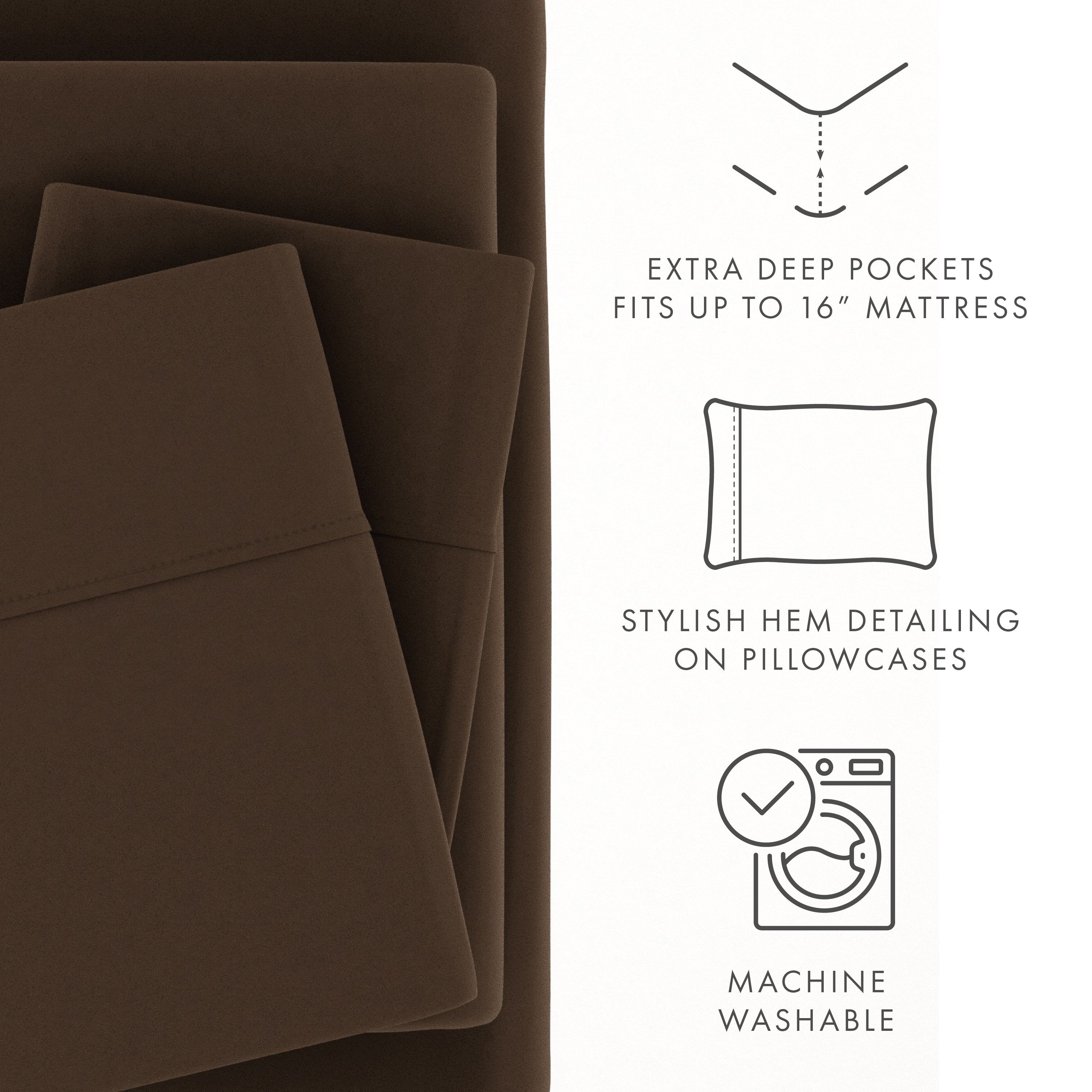 Noble Linens 4 Piece Solid Microfiber Bed Sheet Set, Chocolate, Full