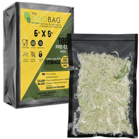 The Kind Bag Vacuum Seal Bags for Food; Food Grade, BPA Free & Freezer Safe; Airtight, Odor Free and Moisture Free; Commercial Grade 3mil Clear & Black; 6x8 inch Pre Cut Bags (100ct)