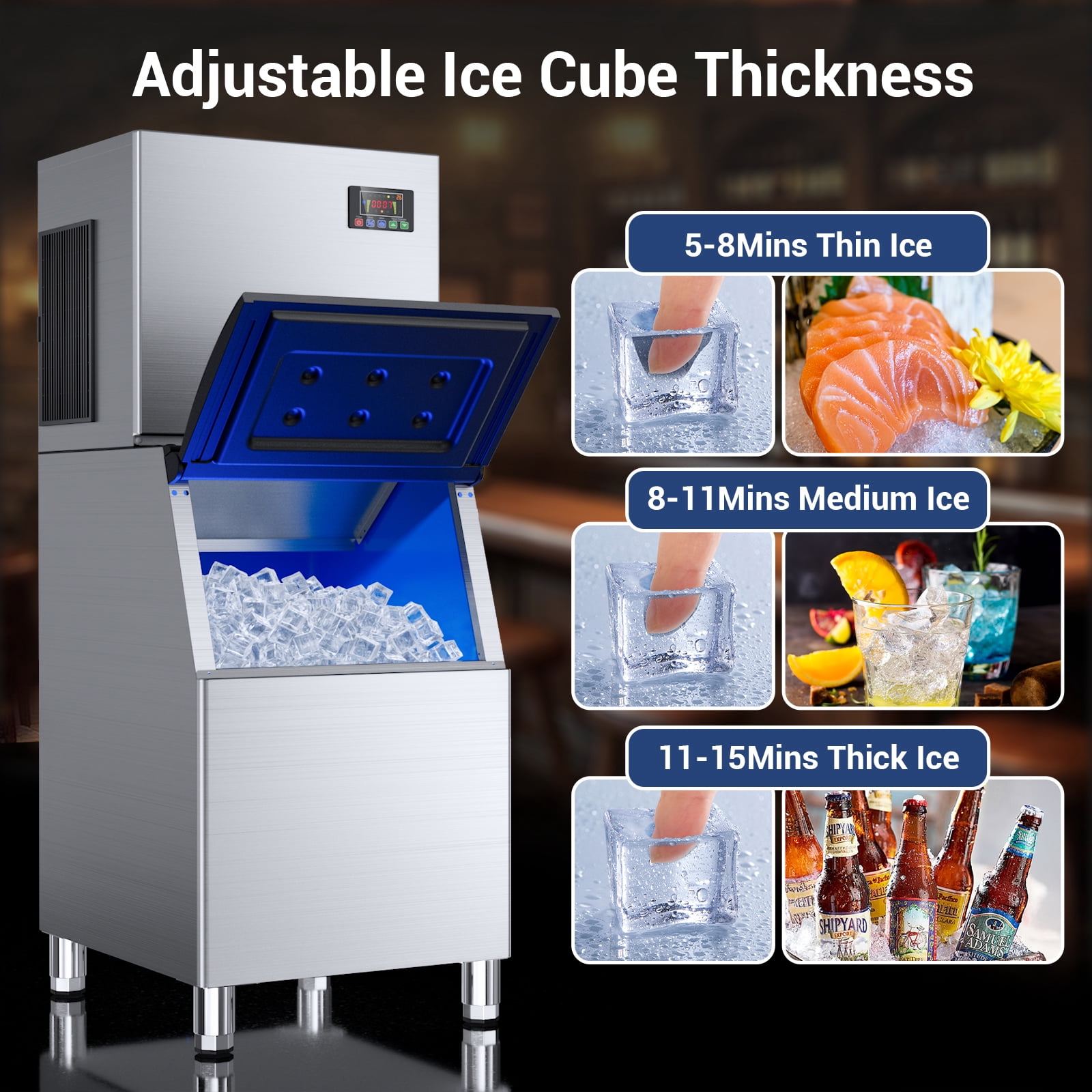 Joreek Commercial Ice Maker Machine 550lbs/24H Stainless Steel, with 360LBS Storage Bin, Industrial Ice Machine, Ice Ready in 5-15min, Perfect for Bars,Cafes