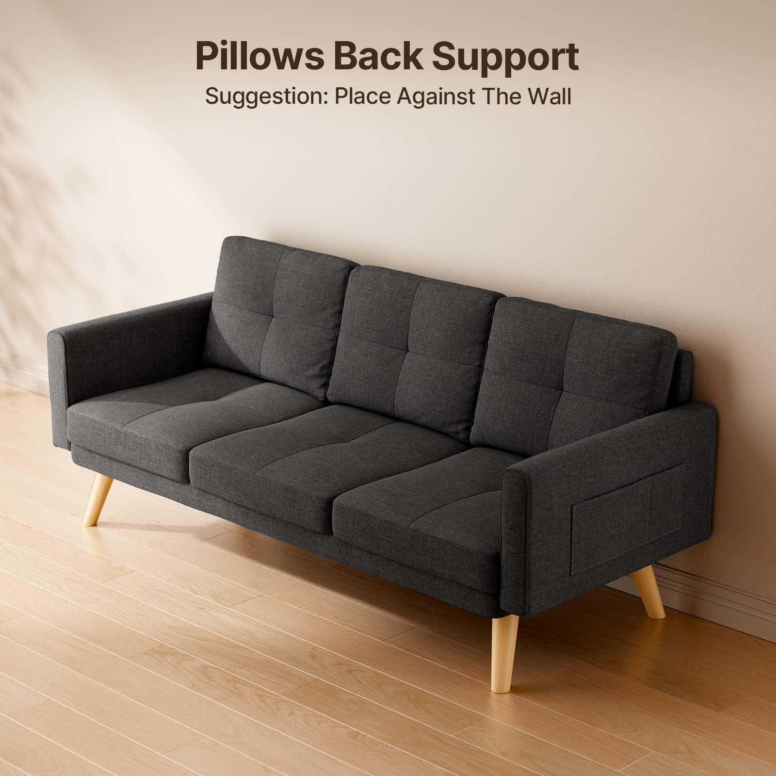 Lofka 68" Sofa and Couch with Side Storage Pocket and 4" Thick Cushions for Living Room, Dark Gray Modern Home Furniture