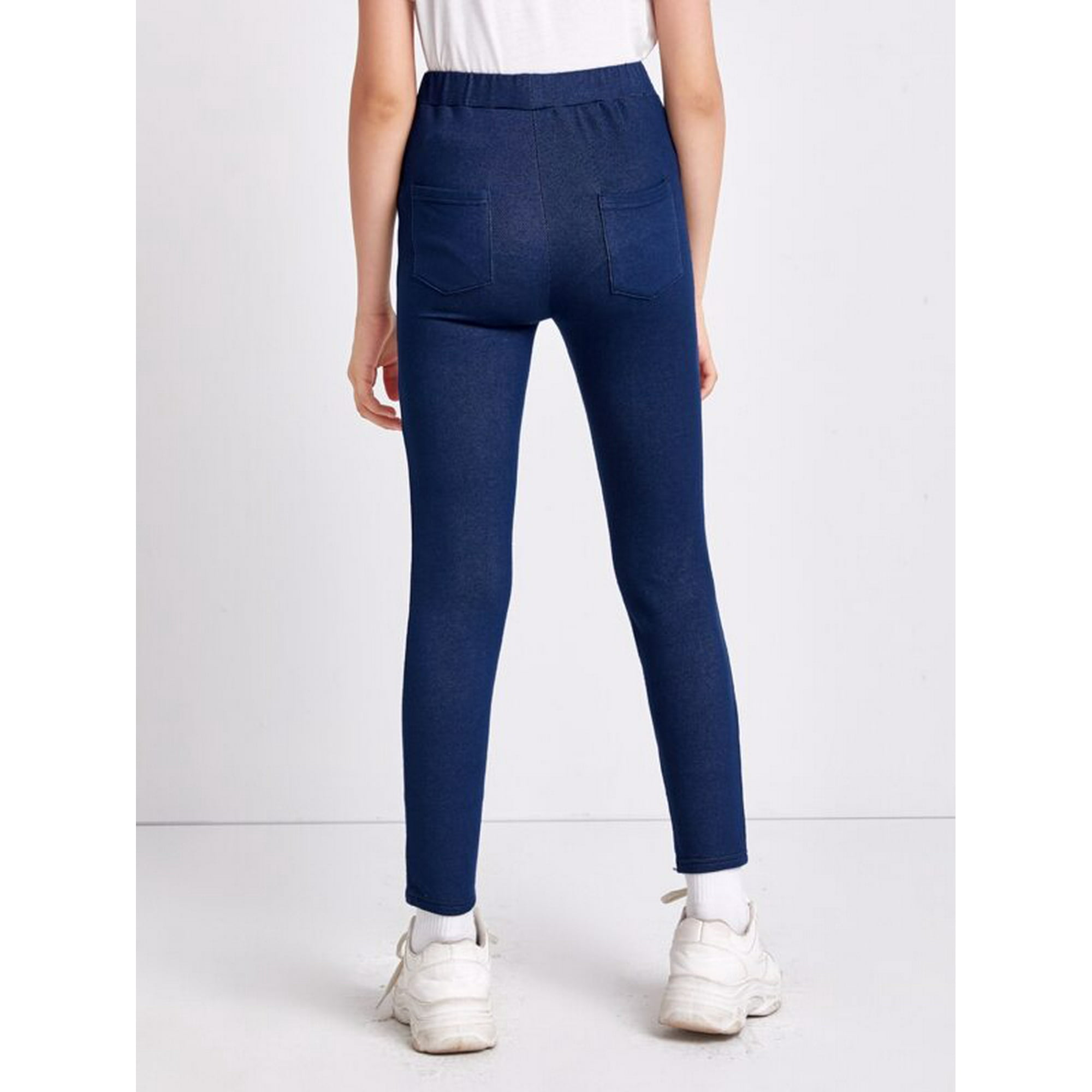 Aamilife Girls Elastic Waist Patch Pocket Solid Leggings