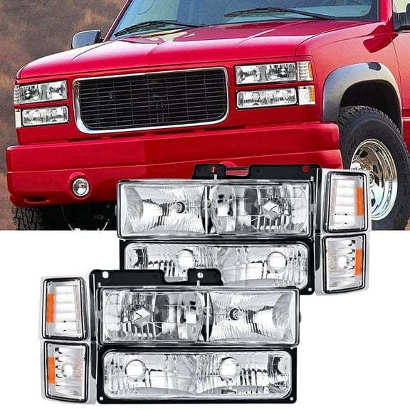 Nilight Headlight Assembly for 1994 1995 1996 1997 1998 GMC Suburban Yukon Sierra C/K Series 1500 2500 3500 Replacement Headlamp Chrome Housing Amber Reflector Bumper Corner Lamp