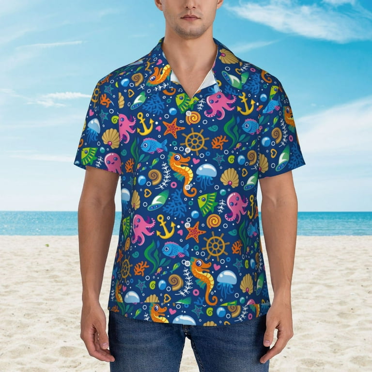 Susaid Sea Fish Print Short Sleeve Shirts Button Down Casual - Main Image