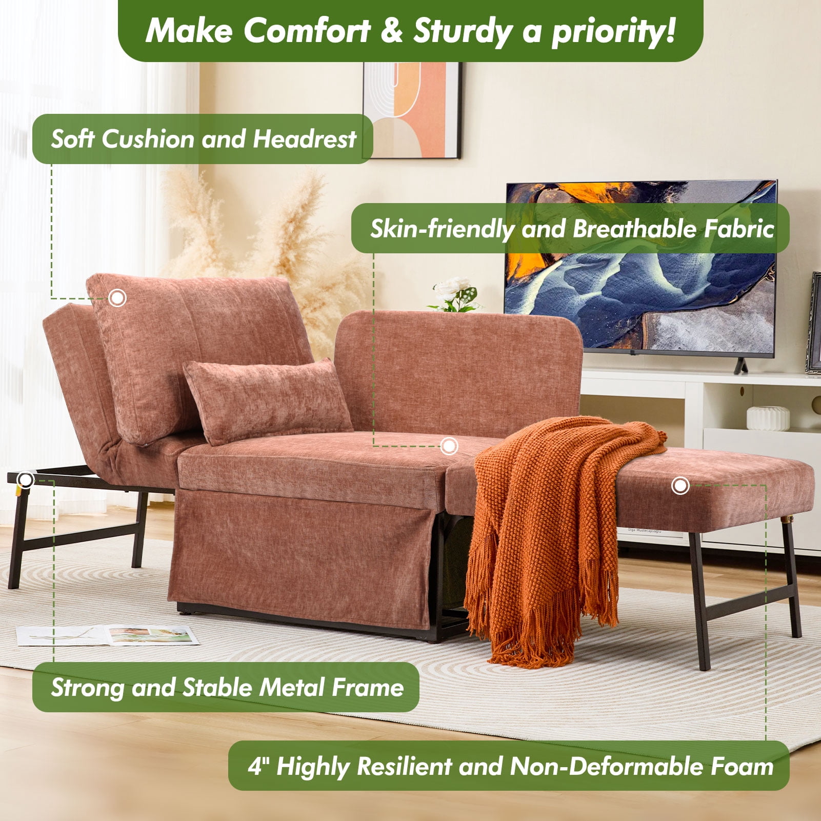 zzw 5-in-1 Convertible Sleeper Sofa Chair, Adjustable Linen Folding Ottoman Bed, Assembly-Free for Apartment Living Room
