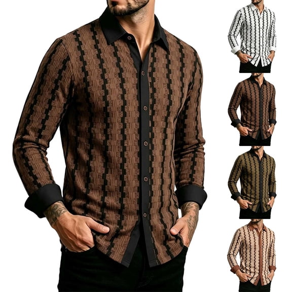 MiYuan Men's Textured Striped Shirts Casual Button down Long Sleeve Shirt Collared, Vintage for Daily Wear