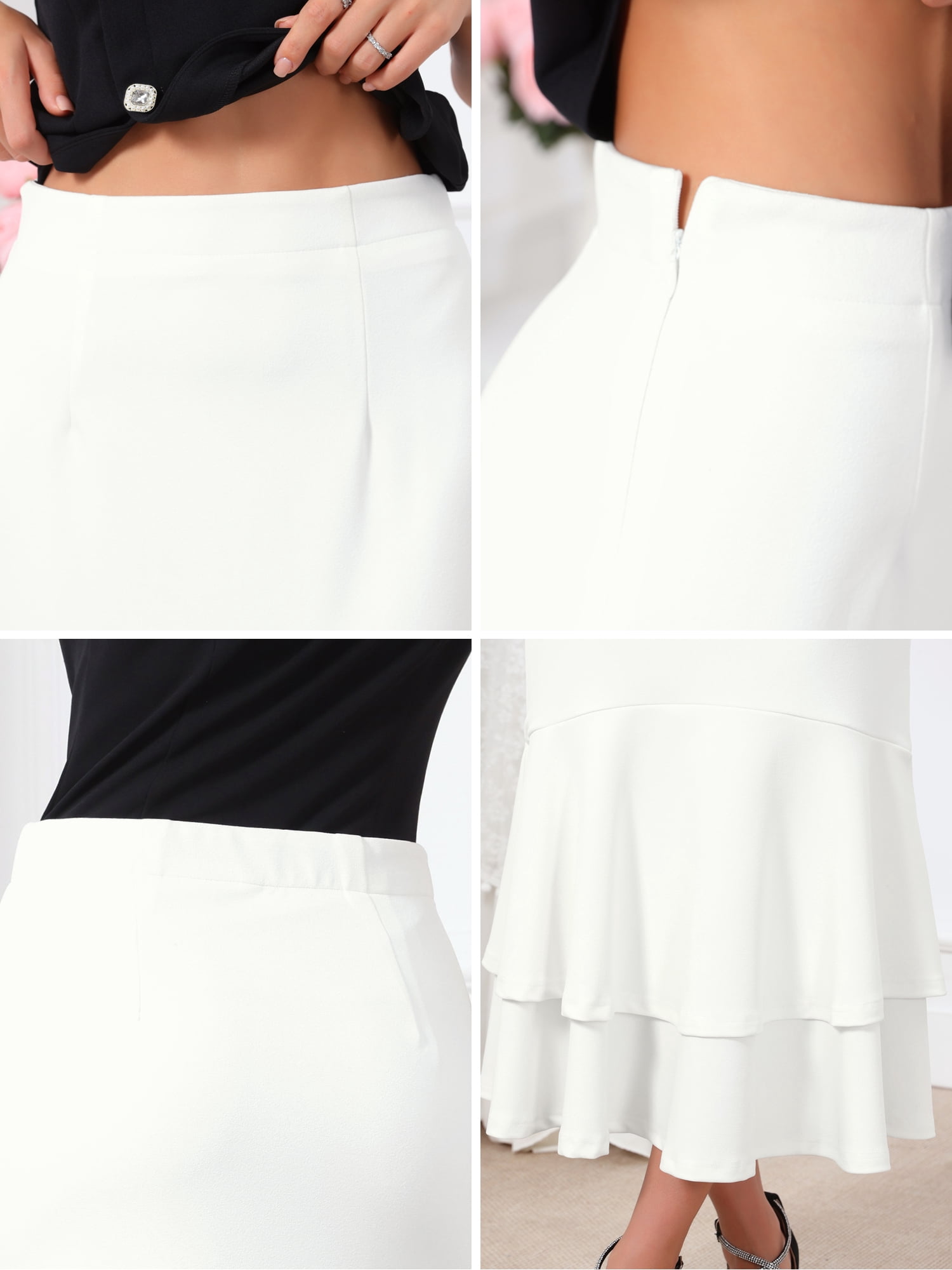 DARING DIVA Women's Ruffle Fishtail Skirt High Waist Bodycon Skirts S White