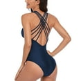thumbnail image 2 of SWSMCLT Women's Ruched One Piece Swimsuit Plunge Criss Cross Back Braided Straps Tummy Control Full&nbsp;Coverage Swimwear Shirred Monokini Long Torso Deep V Neck Bathing Suit Navy 12-14, 2 of 3