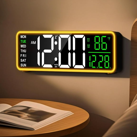 9 Inch Digital Alarm Clock Wall Clock with Night Light, Dual Alarm, Snooze & Dimming Brightness, Temperature, 12/24H, DST, Timer, Plug-in Powered with Battery Backup