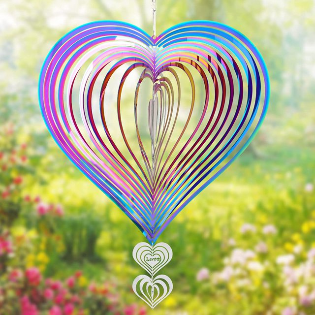 Escultura de viento cinética de metal en forma de corazón en 3D, carillón de viento en espiral multicolor, atrapasueños giratorios para interiores, exteriores, habitaciones, ventanas, patios, adornos
