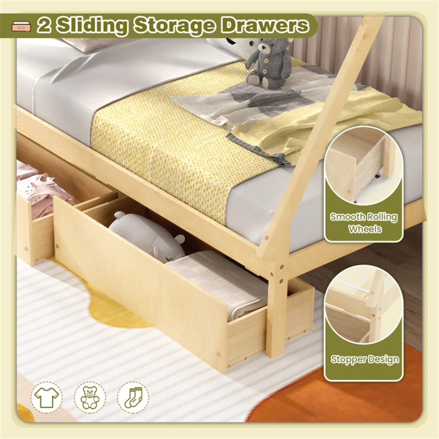 Demi Bonn Twin Size Wooden Tent Platform House Bed Frames with 2 Drawers for Teens, Beige