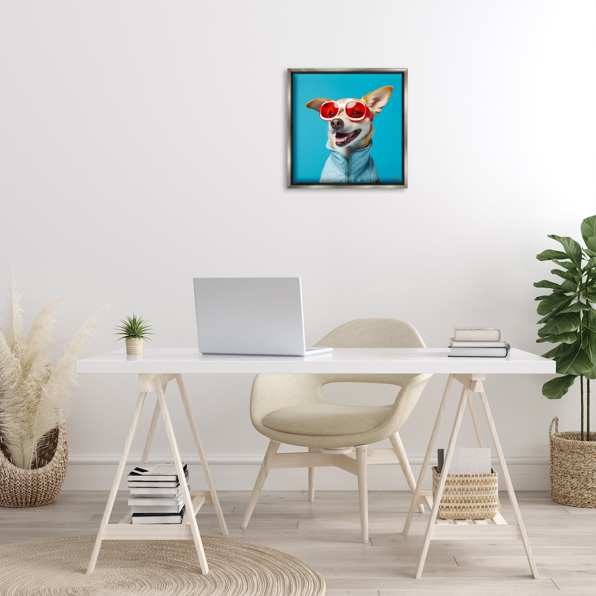 Stupell Industries Stylish Dog on Blue Animals & Insects Painting Gray Floater Framed Canvas Art Print Wall Art, 18 x 18