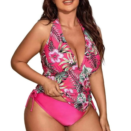 ZPYESWOW Vintage Swimsuit for Women Women s Plus Size Floral Print Tankini Set Ha Lter Tops Bikini Bathing Suits 2 Piece Swimsuit Beach Cover Ups Hot Pink 0XL