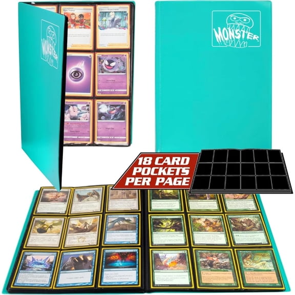 Monster 9 Pocket Trading Card Binder - Matte Teal Album, Anti-Theft & Anti-Drop TCG Protection w Side Loading Padded Pockets, Double Sided, Holds 360 Cards, Sports, Gaming, Kpop