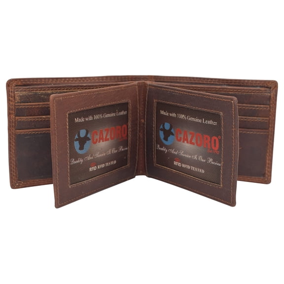 CAZORO Wallets For Men Vintage Leather RFID Protected Large Bifold Double ID Window Wallet With Box Brown