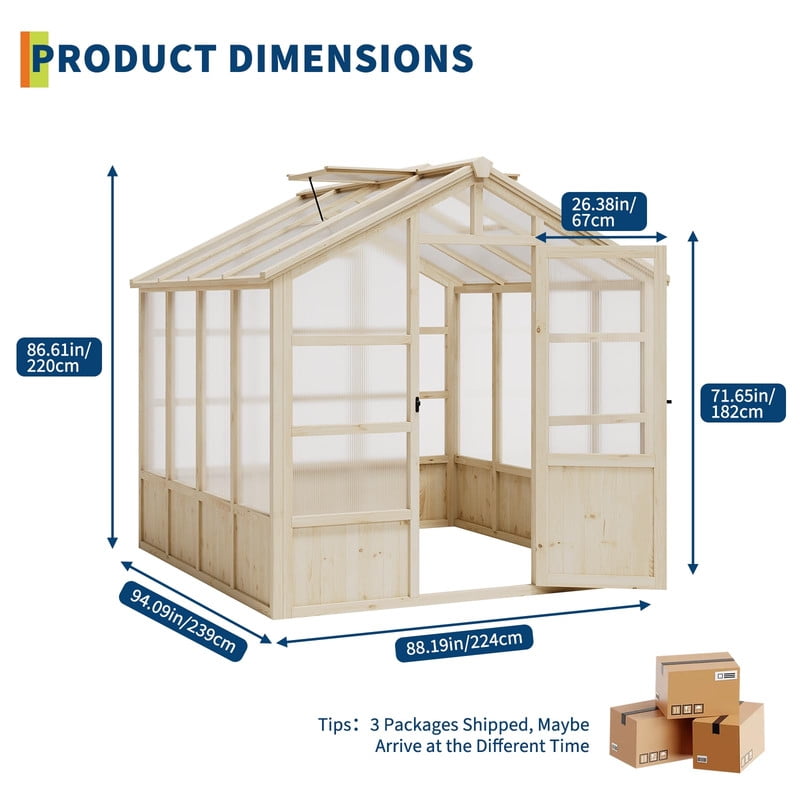 TROPOW Wooden Greenhouse 8x8FT - Heavy Duty Outdoor Green House with Cedar Wood Frame, Polycarbonate Panels, Lockable Door & Adjustable Vent for Garden Yard