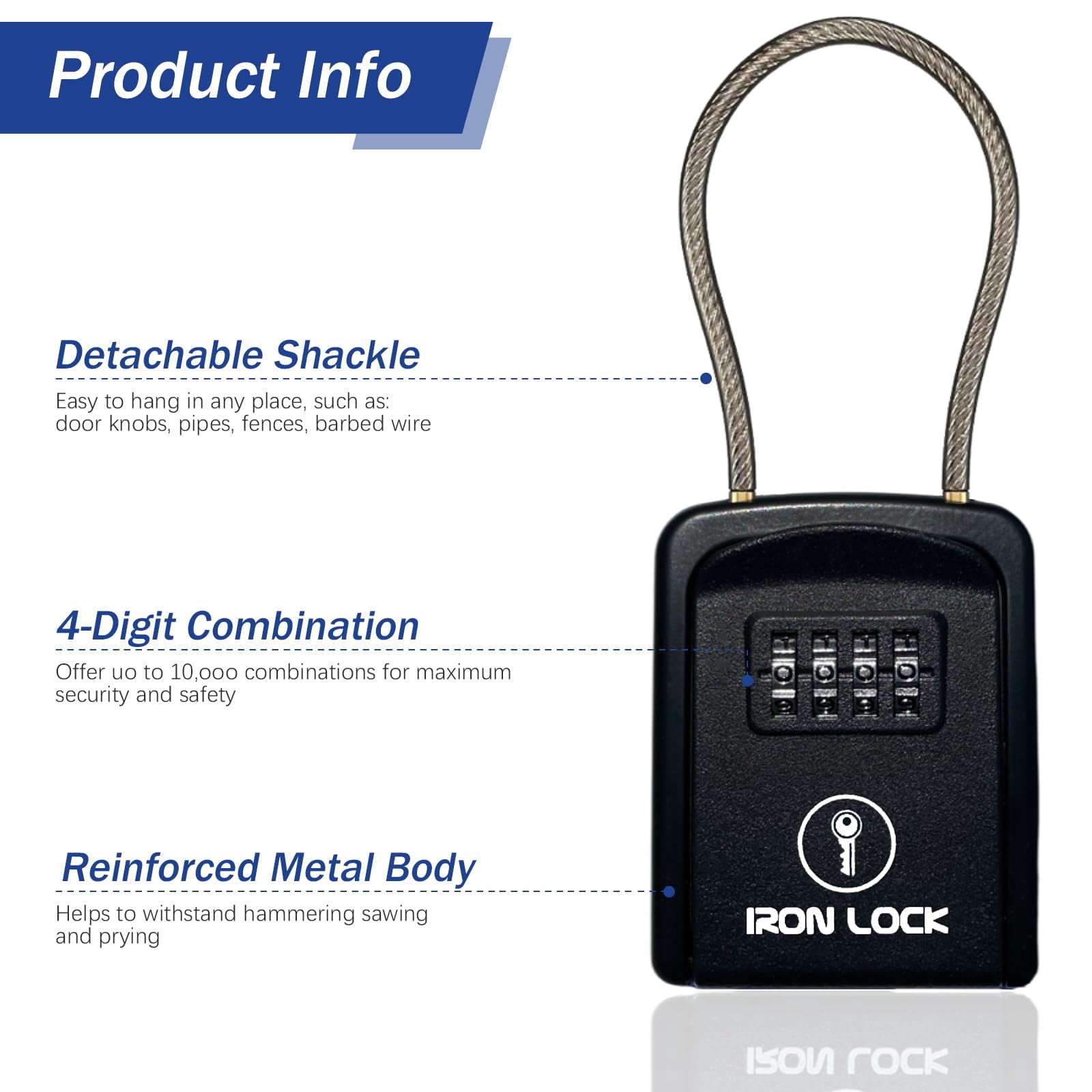 Iron Lock® Key Lock Box Portable with Cable Shackle – Small Waterproof Heavy-Duty Metal Safe with 4-Digit Combination for Spare Keys Outside on Door Knob, Fence, Pipe or Gate (Black, Small)