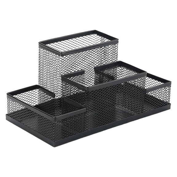 Aetherz Desk Organizer and Mesh Pen Holder, 4 Compartment Black Metal Desk Caddy for Office Supplies, Pencils, Scissors | Teacher & Student Desktop Organizer