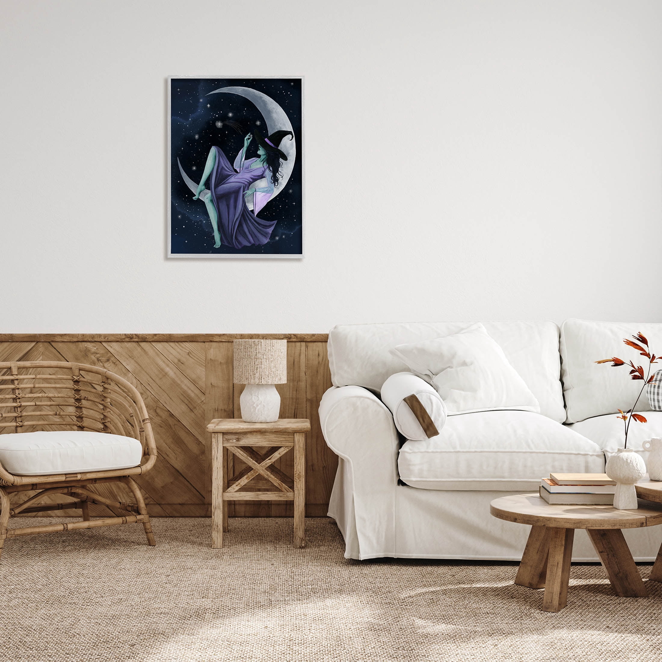 Stupell Industries Witch Relaxing Crescent Moon Painting Gray Framed Art Print Wall Art, Design by Grace Popp