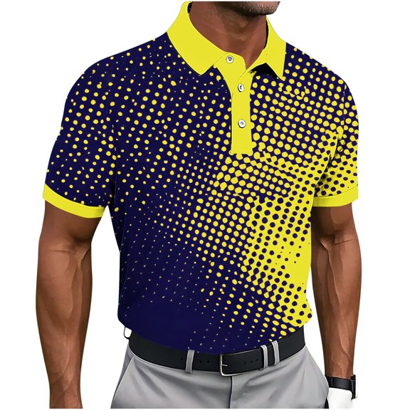 Yuanlook Men's Gradient Dot Block Collar Short Sleeve Collared Top, Quick Dry Athletic Shirt for Golf Field Training & Daily Casual Matching S-5XL