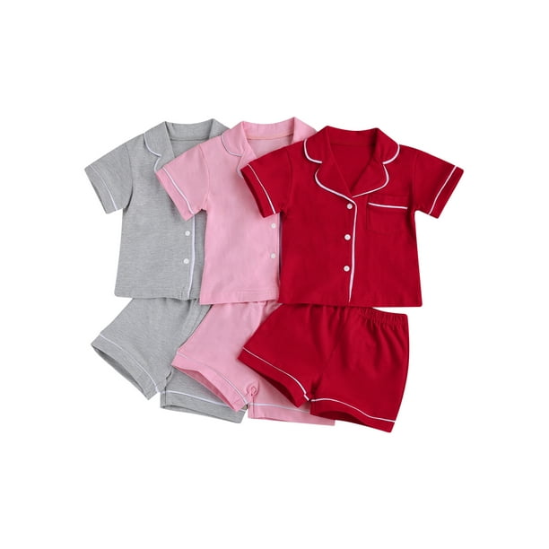 Xingqing Toddler Baby Girl Boy Summer Two Piece Pajamas Set Button Down Short Sleeve Shirt With Shorts Outfits Pink