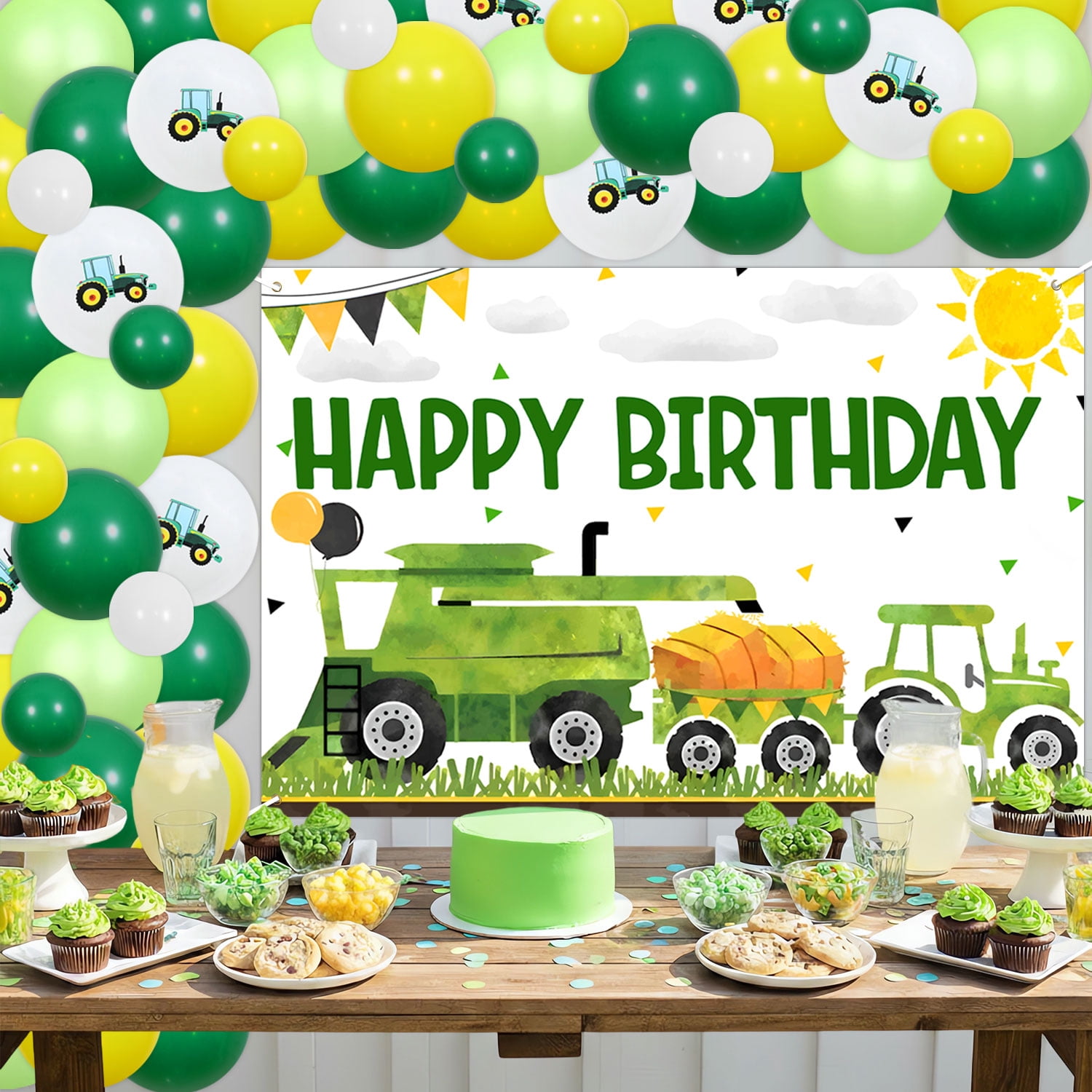 67Pcs Farm Tractor Theme Birthday Party Decorations Happy Birthday Photography Background Cloth Green Tractor Backdrop Foil Balloon Garland Arch Kit for Tractor Themed Kids Birthday Decor Supplies
