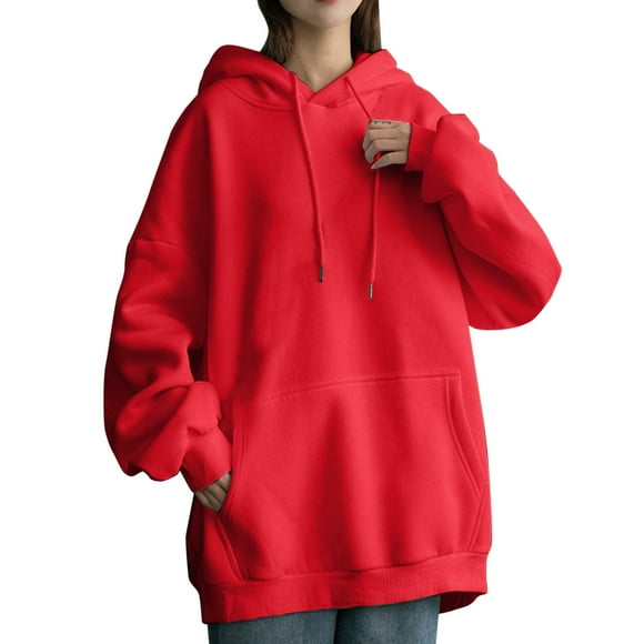 Baberdicy Essentials Hoodie Womens Daily Long Casual Down for Womens Pocket Hooded Sweatshirts Pullover Sleeve Button V Drawstring Hoodies Neck Women's Hoodies Sweatshirts Hoodies for Women Red