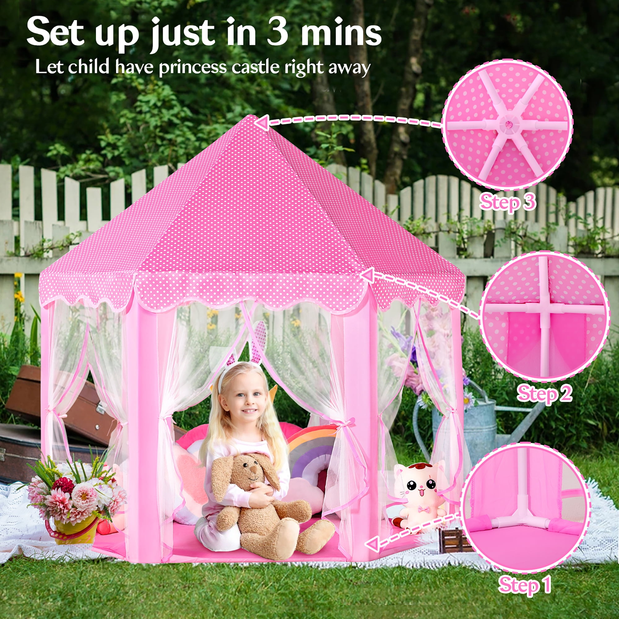 SISTICKER Princess Kids Tent for Girls Toddlers Large Playhouse with Star Lights Indoor Outdoor Polyester Toys