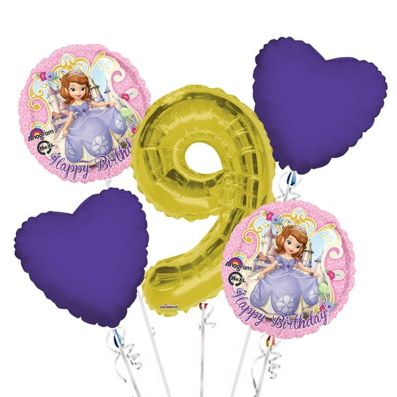 Sofia the First Balloon Bouquet 9th Birthday 5 pcs - Party Supplies