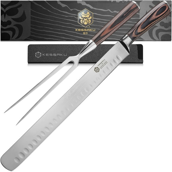 Kessaku 12-Inch Carving Slicing Knife & 6-Inch Meat Fork Set - Samurai Series - Granton Edge - Forged High Carbon 7Cr17MoV Stainless Steel - Pakkawood Handle with Blade Guard