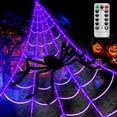 thumbnail image 1 of LCHUANG Spider Webs Luces decorativas de Halloween – 250 LED de 16.4 pies al aire libre con pilas de cadena de luces de Halloween moradas con 8 modos de control remoto Spiderweb, araña grande de 47 pu, 1 of 5