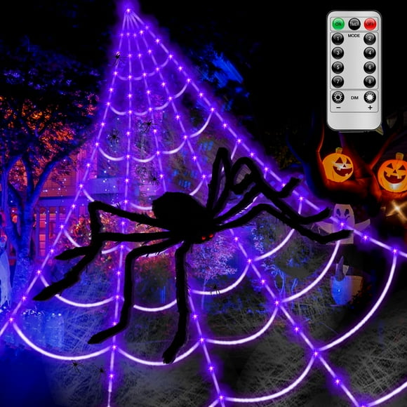 LCHUANG Spider Webs Luces decorativas de Halloween – 250 LED de 16.4 pies al aire libre con pilas de cadena de luces de Halloween moradas con 8 modos de control remoto Spiderweb, araña grande de 47 pu