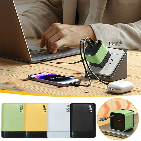 3 in 1 Retractable Charger Wall Plug | 65W Fast Charging USB-C Cable & Dual USB Ports | Telescopic 23.6” Cord | Universal Multi-Device Power Adapter for Laptop Phone Tablet | Foldable Plug | Yellow