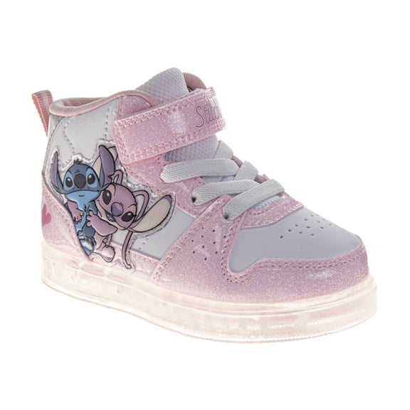 Disney Stitch High Top Sneakers Boys, Alien Design Casual Durable Canvas Lace Up Style Skate Look (Toddler Little Kid), Pink White, Size: 9