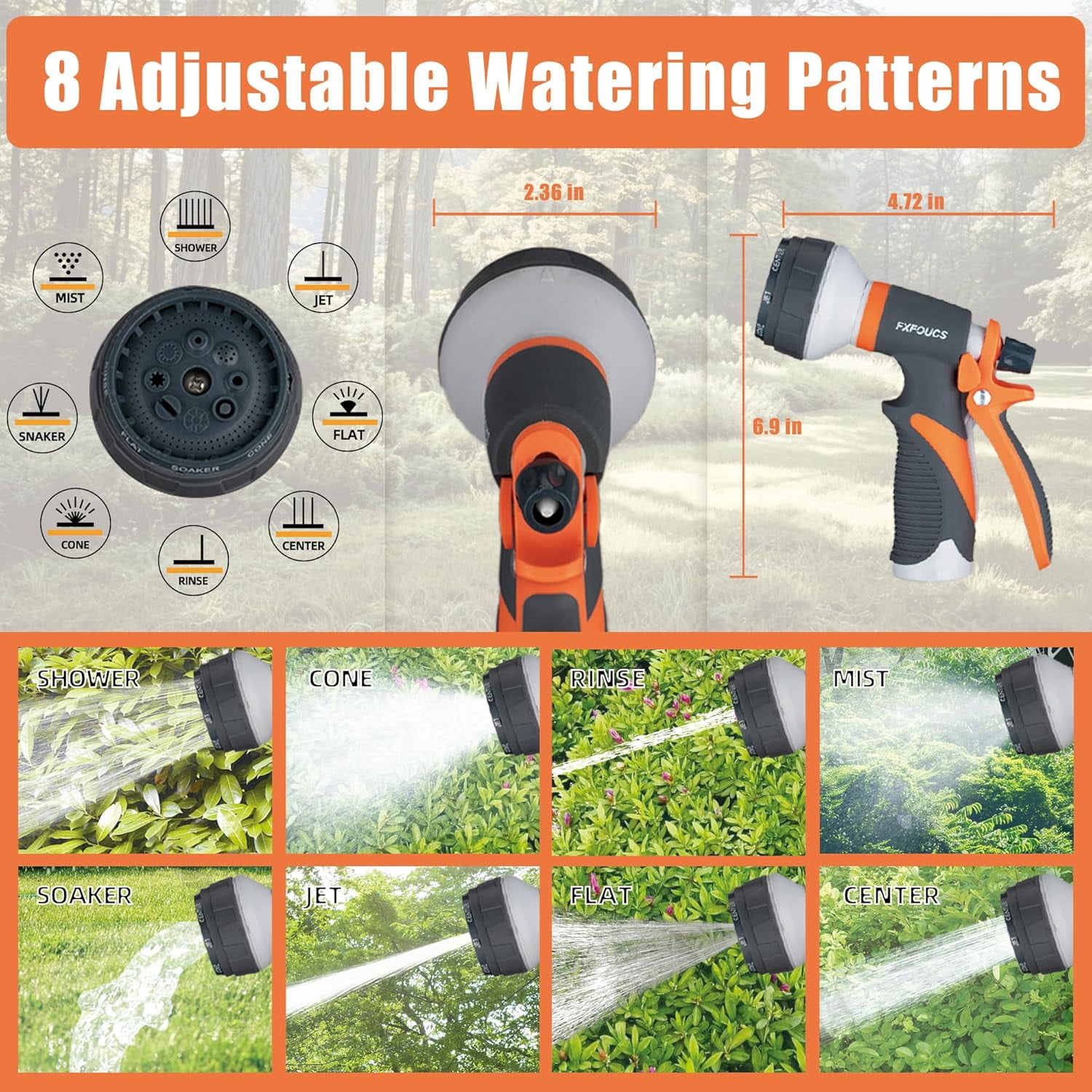 Garden Hose Nozzle Sprayer– this high heavy-duty spray nozzle offer 8 watering patterns for watering plants, lawns & gardens, washing cars, household (Dark Orange)