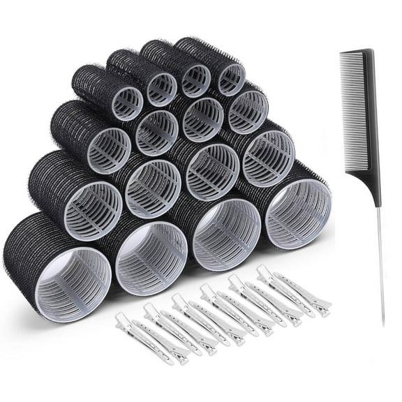 PandaTop Jumbo Hair Rollers Set, Self Grip Curlers for Long Hair,Black Medium Hair Rollers,Hair Rollers With Clips & Comb 37 Packs (Black, 4 Size)